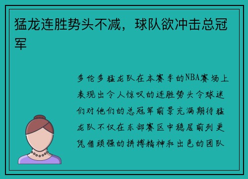 猛龙连胜势头不减，球队欲冲击总冠军