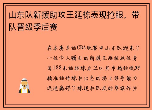山东队新援助攻王延栋表现抢眼，带队晋级季后赛