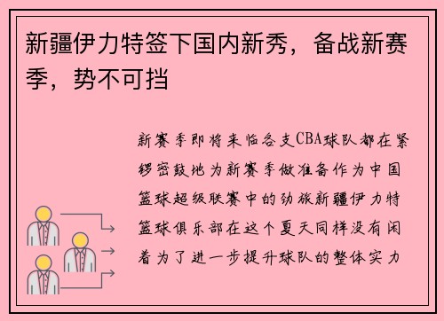 新疆伊力特签下国内新秀，备战新赛季，势不可挡